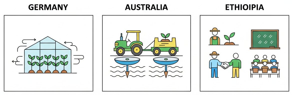 An infographic titled "ORACLE Across Three Continents" shows icons representing agricultural and educational activities in Germany, Australia, and Ethiopia.