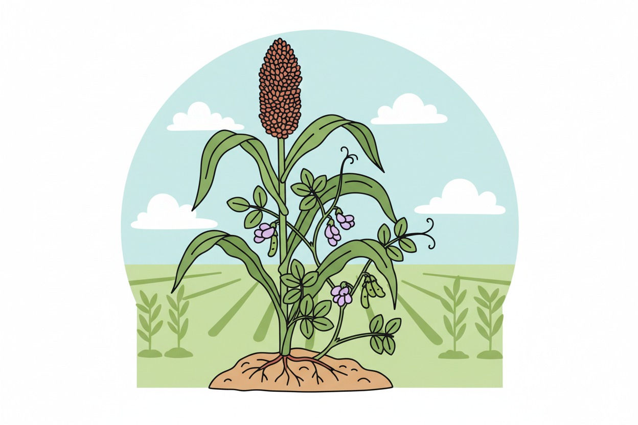 A sorghum plant and a vetch plant grow together in a field under a blue sky with clouds.