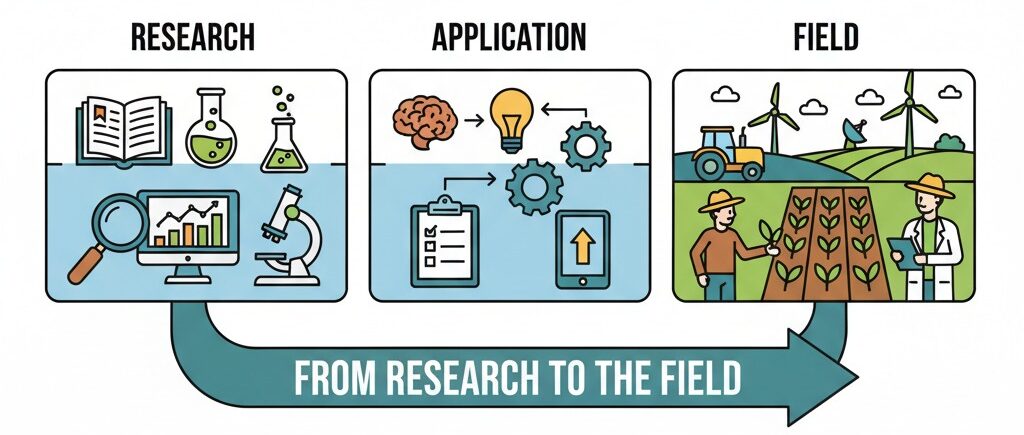 A diagram illustrates the process from research to application and finally to the field, showing scientific tools, technological development, and agricultural implementation.